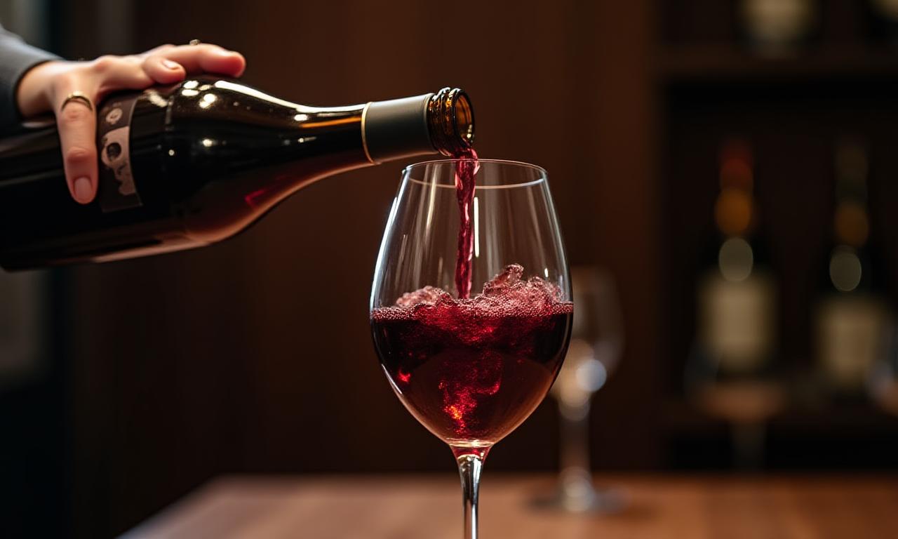 Calice di vino rosso versato con cura in un ambiente elegante