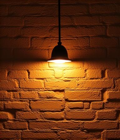 Dettaglio illuminazione calda su pareti in mattoni